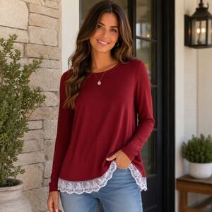 NWT Sanifer Womens Maroon Long Sleeve Tunic Top‎ White Floral Lace Trim Hem